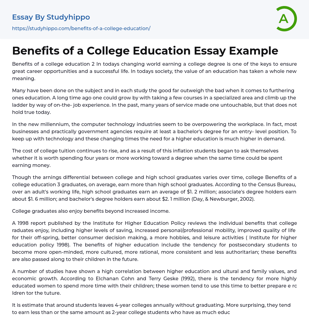 Benefits of a College Education Essay Example