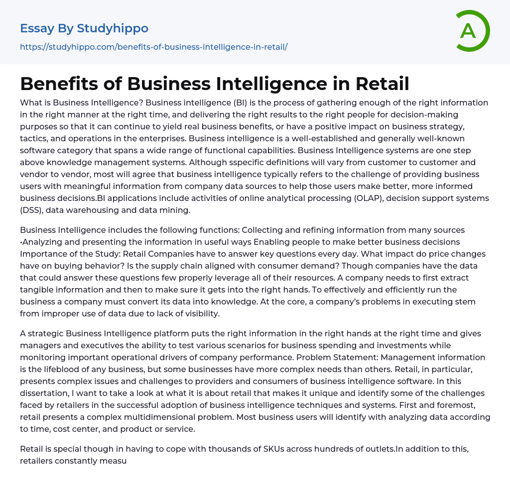 Benefits of Business Intelligence in Retail Essay Example