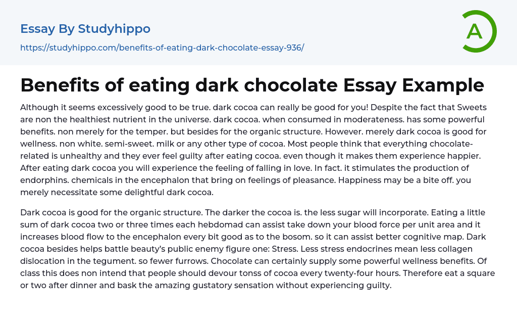 Benefits of eating dark chocolate Essay Example