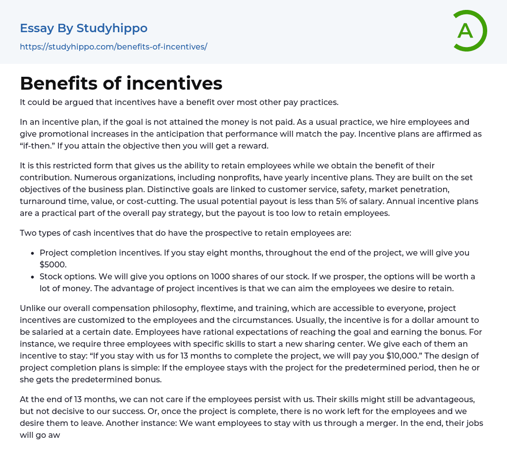 Benefits of incentives Essay Example