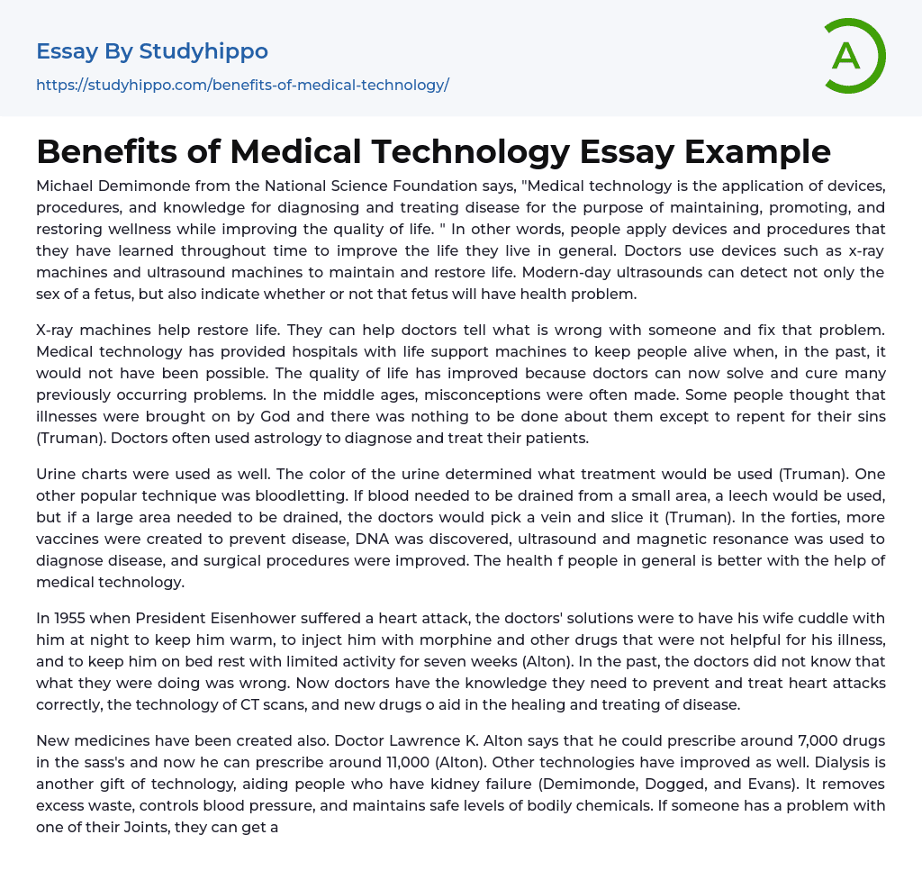 Benefits of Medical Technology Essay Example