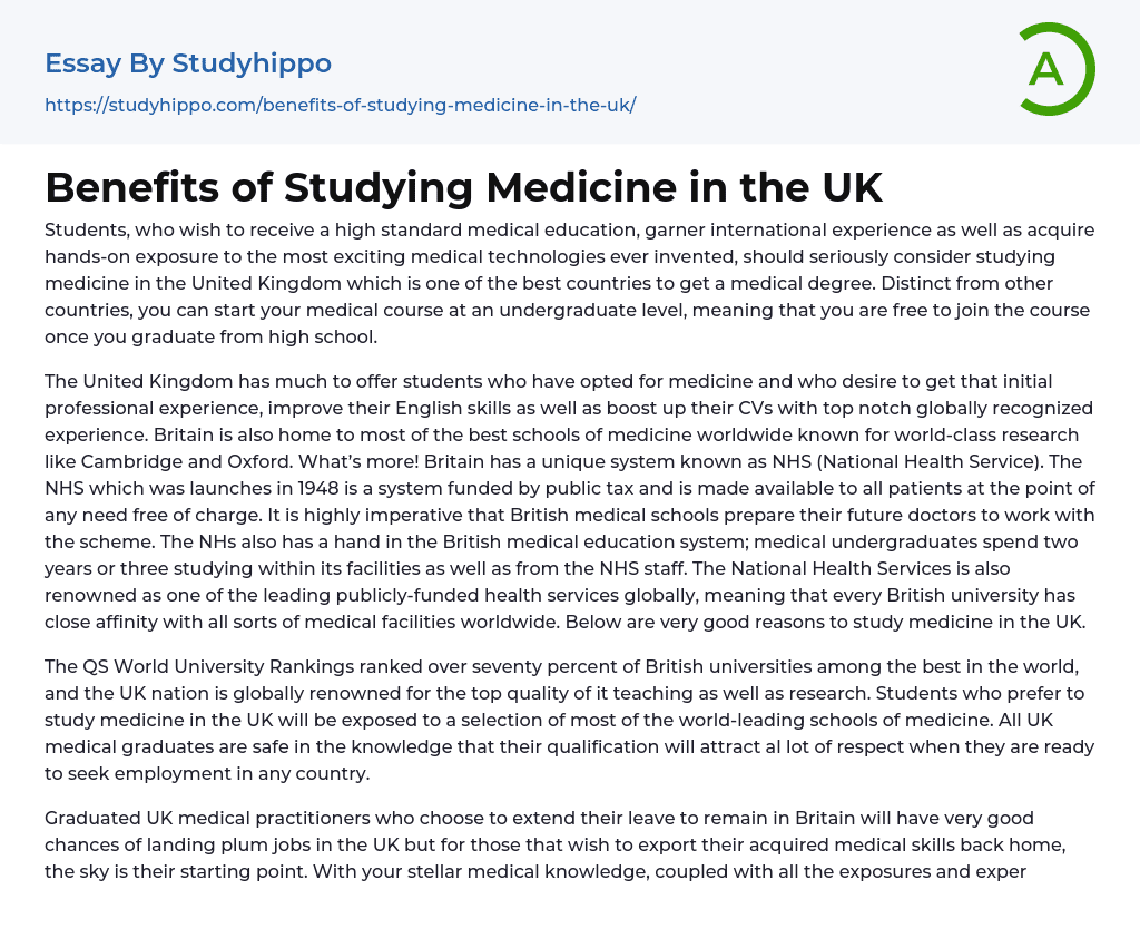 Benefits of Studying Medicine in the UK Essay Example