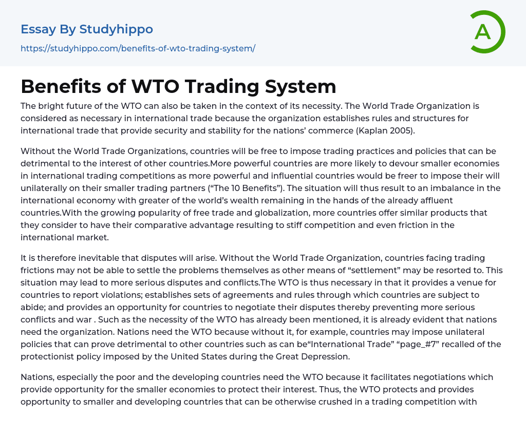 Benefits of WTO Trading System Essay Example