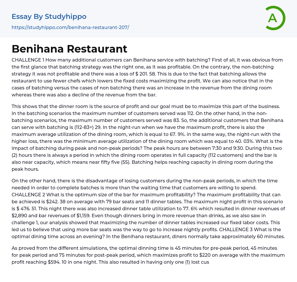 Restaurant Business on an Example “Benihana Restaurant” Essay Example