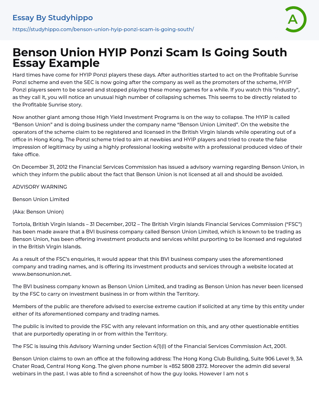 Benson Union HYIP Ponzi Scam Is Going South Essay Example