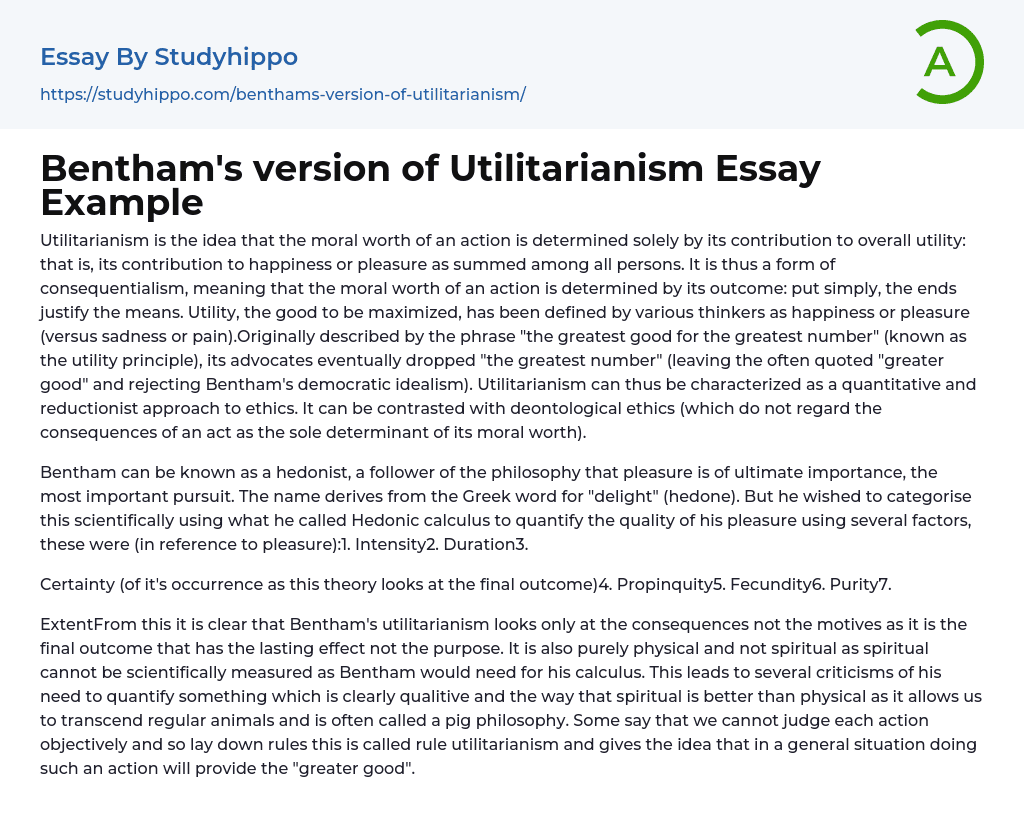 Bentham’s version of Utilitarianism Essay Example