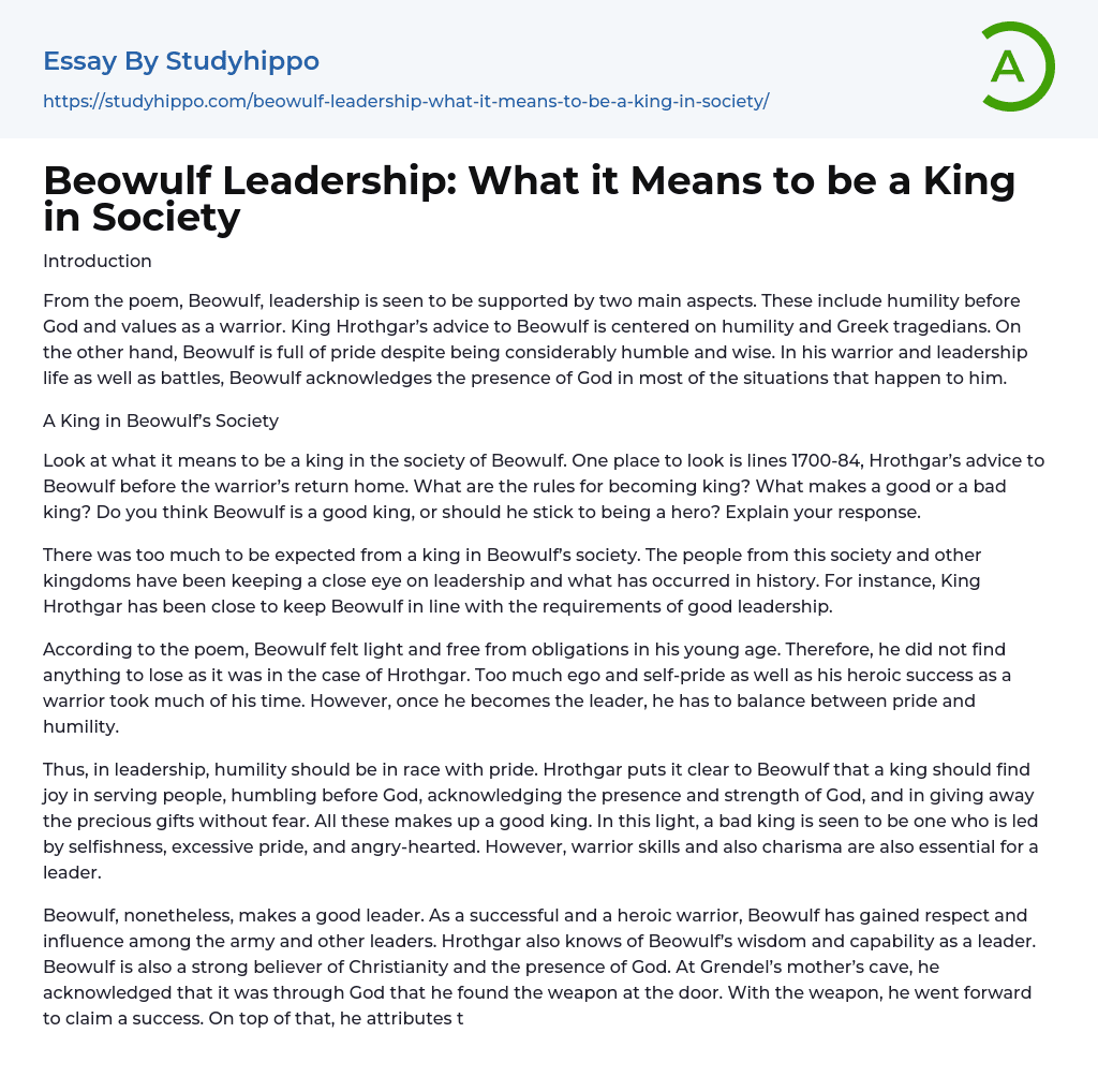 Beowulf Leadership: What it Means to be a King in Society Essay Example