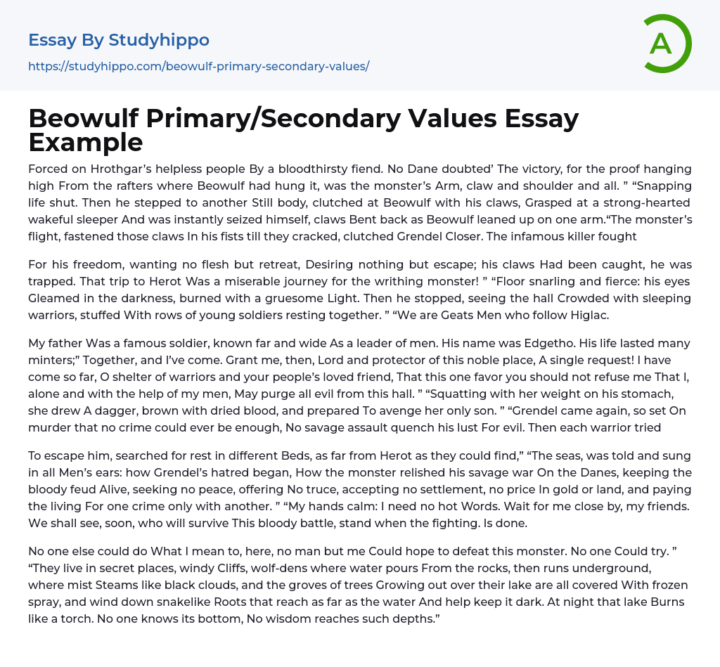 Beowulf Primary/Secondary Values Essay Example