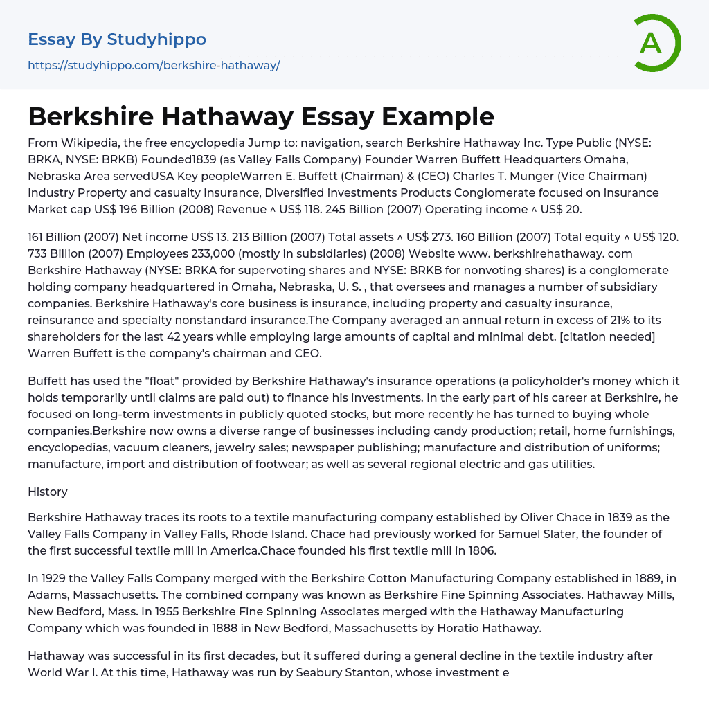 Berkshire Hathaway Essay Example