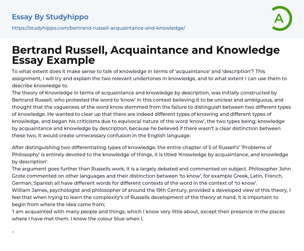 Bertrand Russell, Acquaintance and Knowledge Essay Example