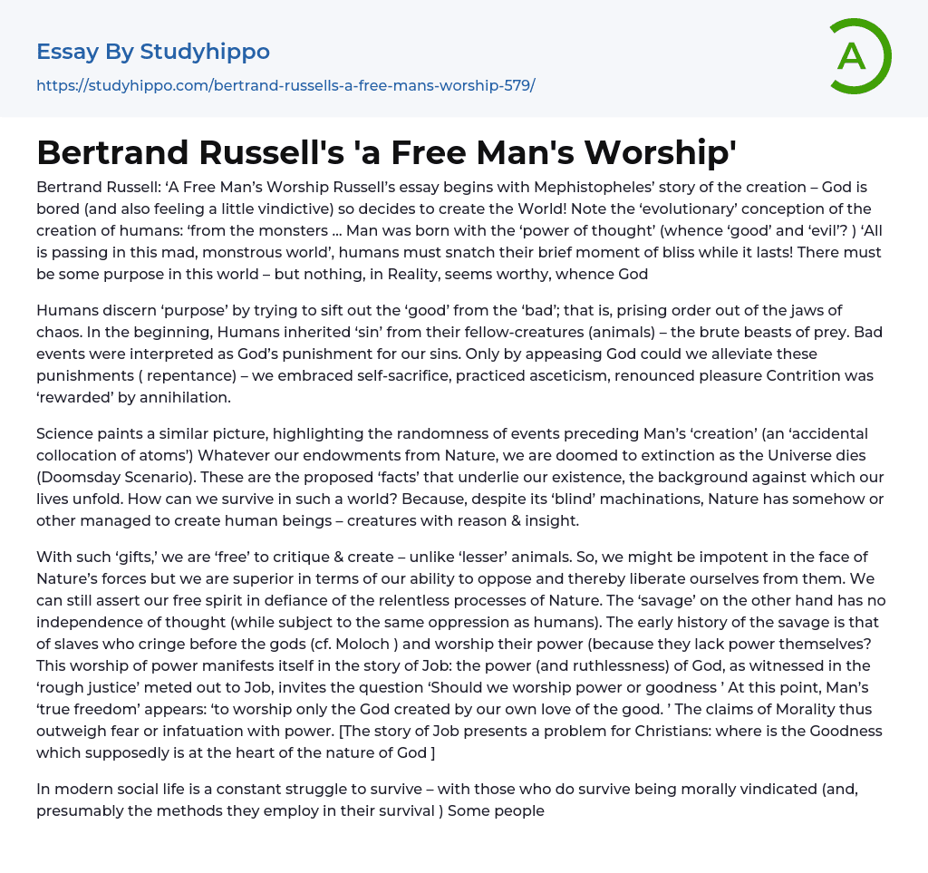 Bertrand Russell’s ‘a Free Man’s Worship’ Essay Example