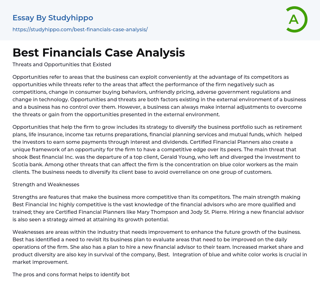 Best Financials Case Analysis Essay Example