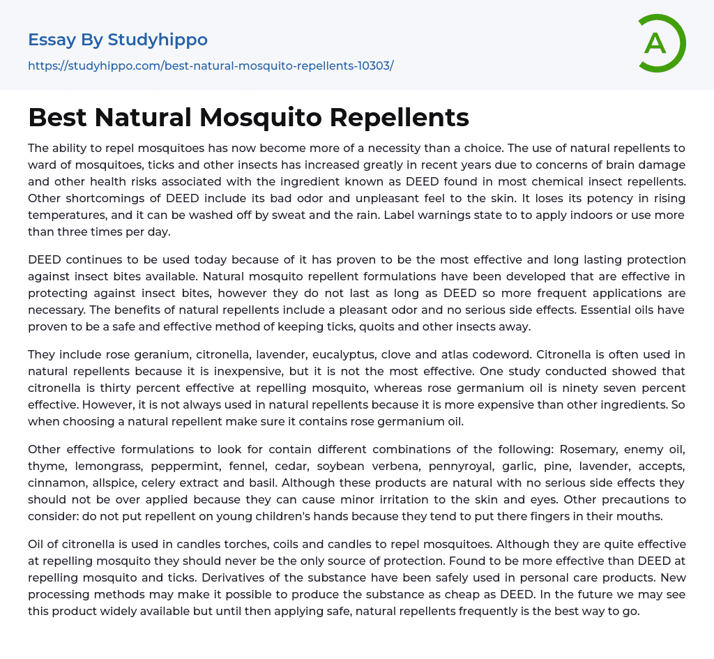 Best Natural Mosquito Repellents Essay Example