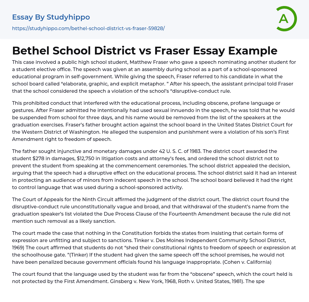 Bethel School District vs Fraser Essay Example