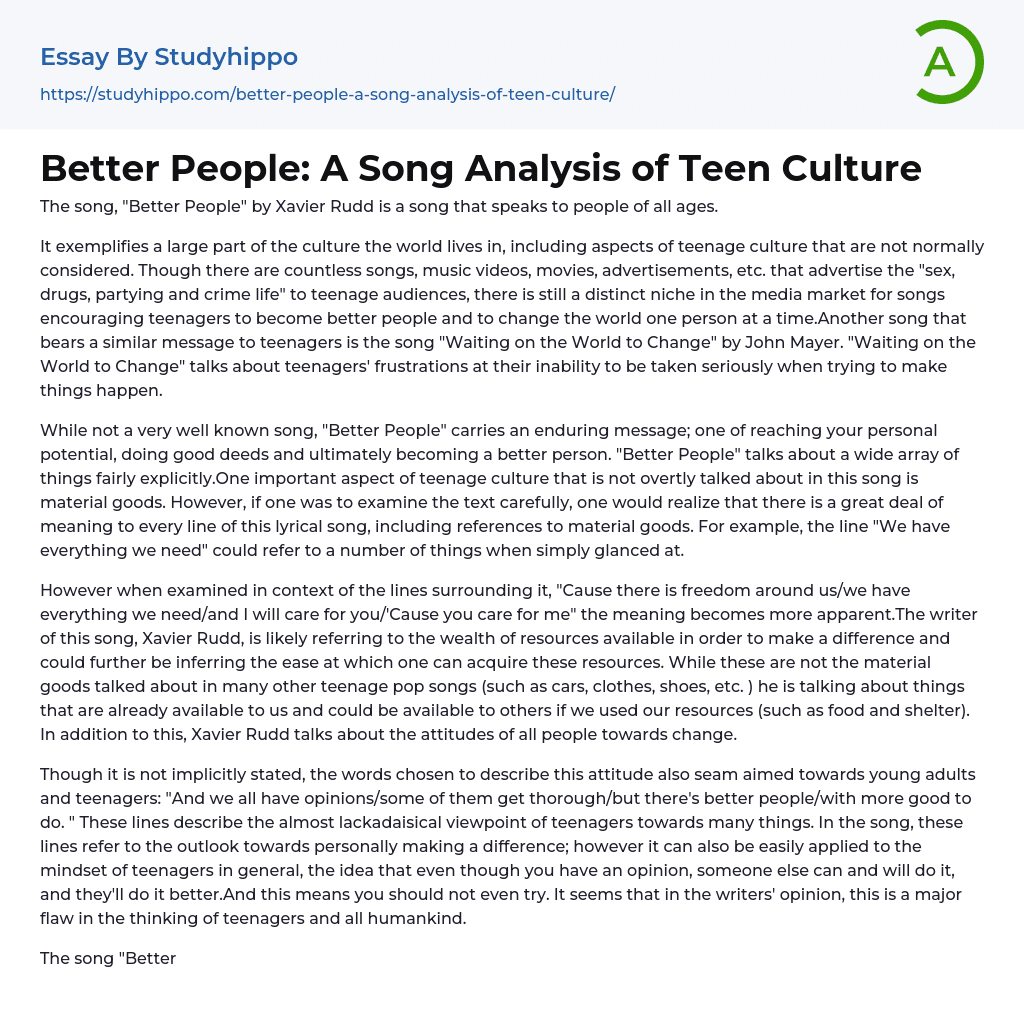 Better People: A Song Analysis of Teen Culture Essay Example
