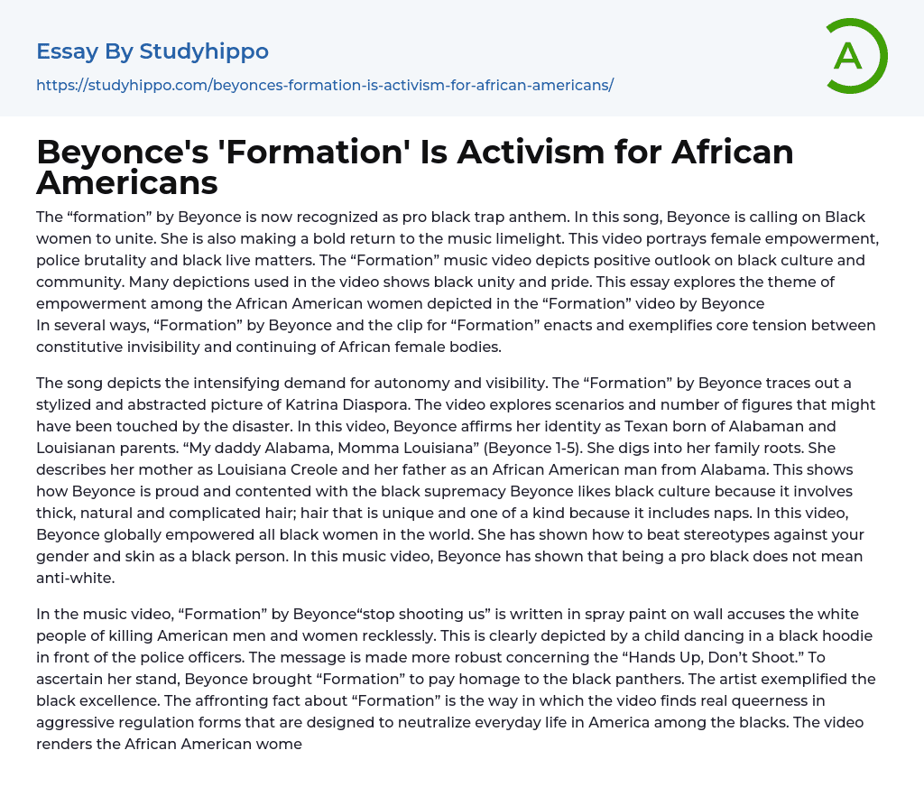 Beyonce’s ‘Formation’ Is Activism for African Americans Essay Example