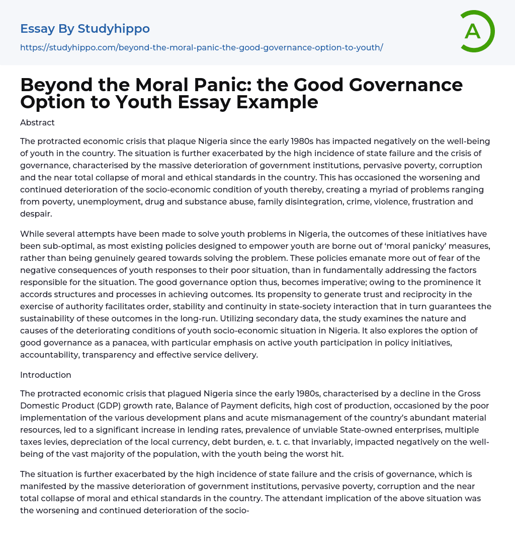 Beyond the Moral Panic: the Good Governance Option to Youth Essay Example