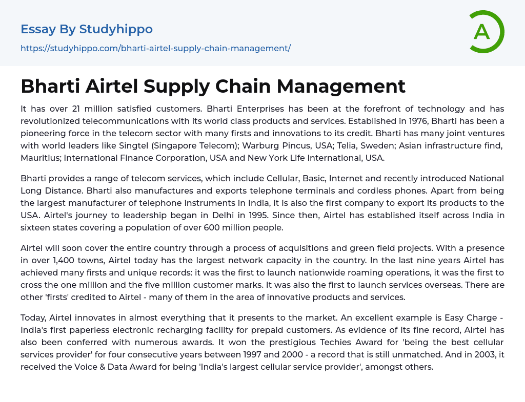 Bharti Airtel Supply Chain Management Essay Example