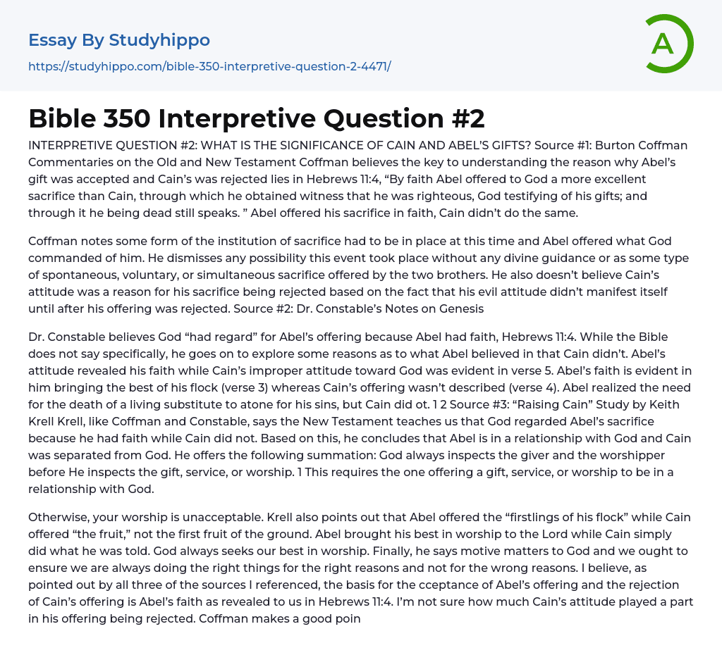 Bible 350 Interpretive Question #2 Essay Example