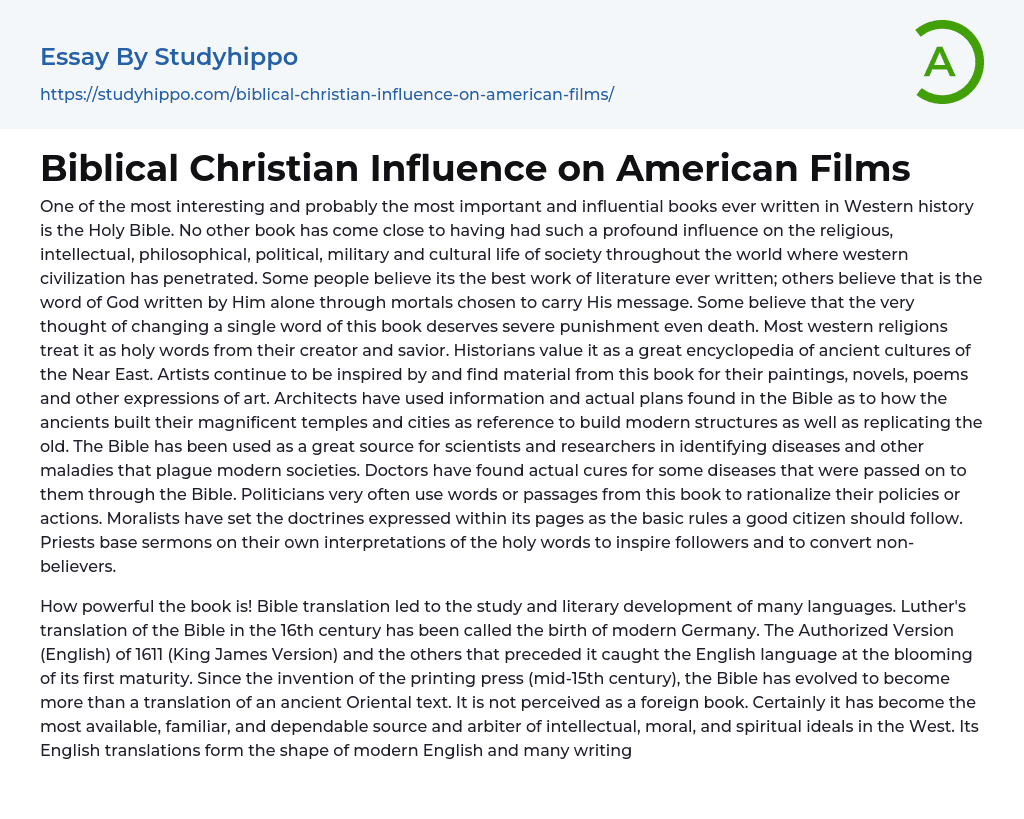 Biblical Christian Influence on American Films Essay Example