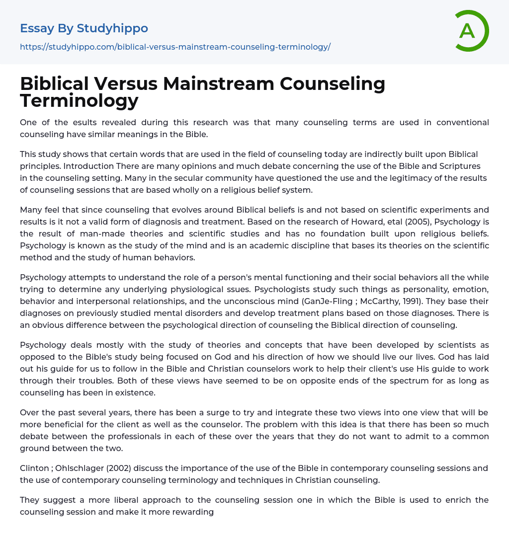 Biblical Versus Mainstream Counseling Terminology Essay Example