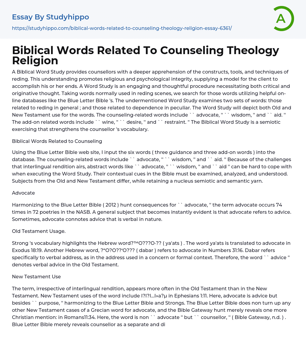Biblical Words Related To Counseling Theology Religion Essay Example