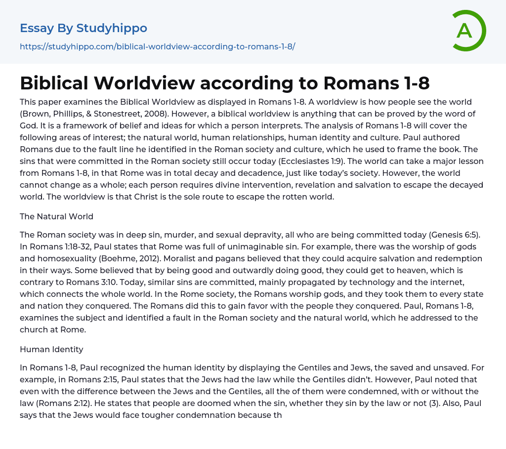 Biblical Worldview according to Romans 1-8 Essay Example