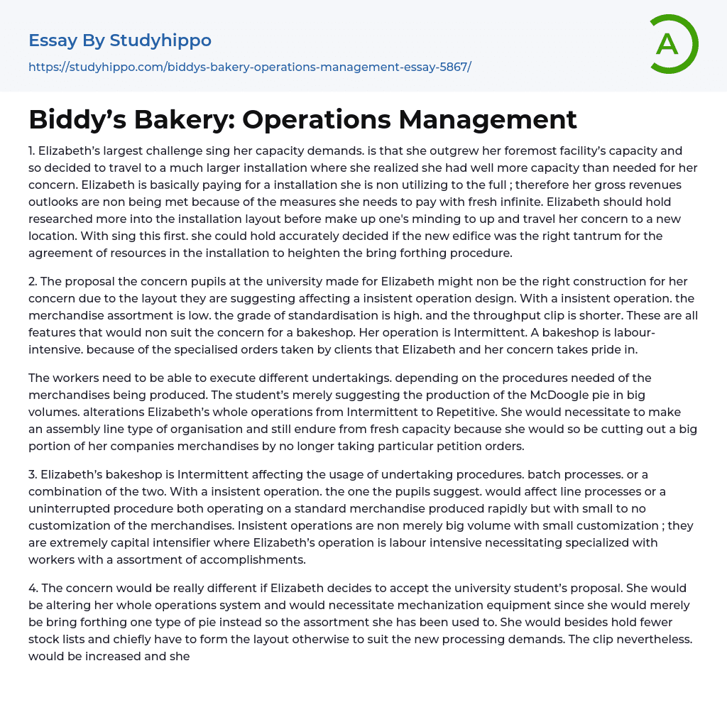 Biddy’s Bakery: Operations Management Essay Example