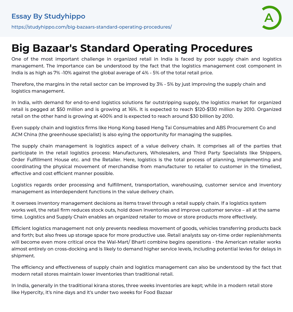 Big Bazaar’s Standard Operating Procedures Essay Example