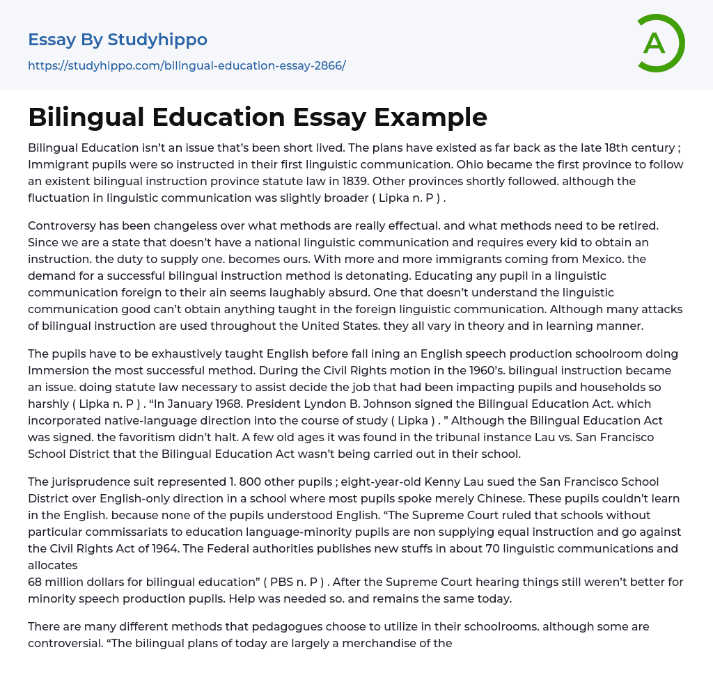 Bilingual Education Essay Example