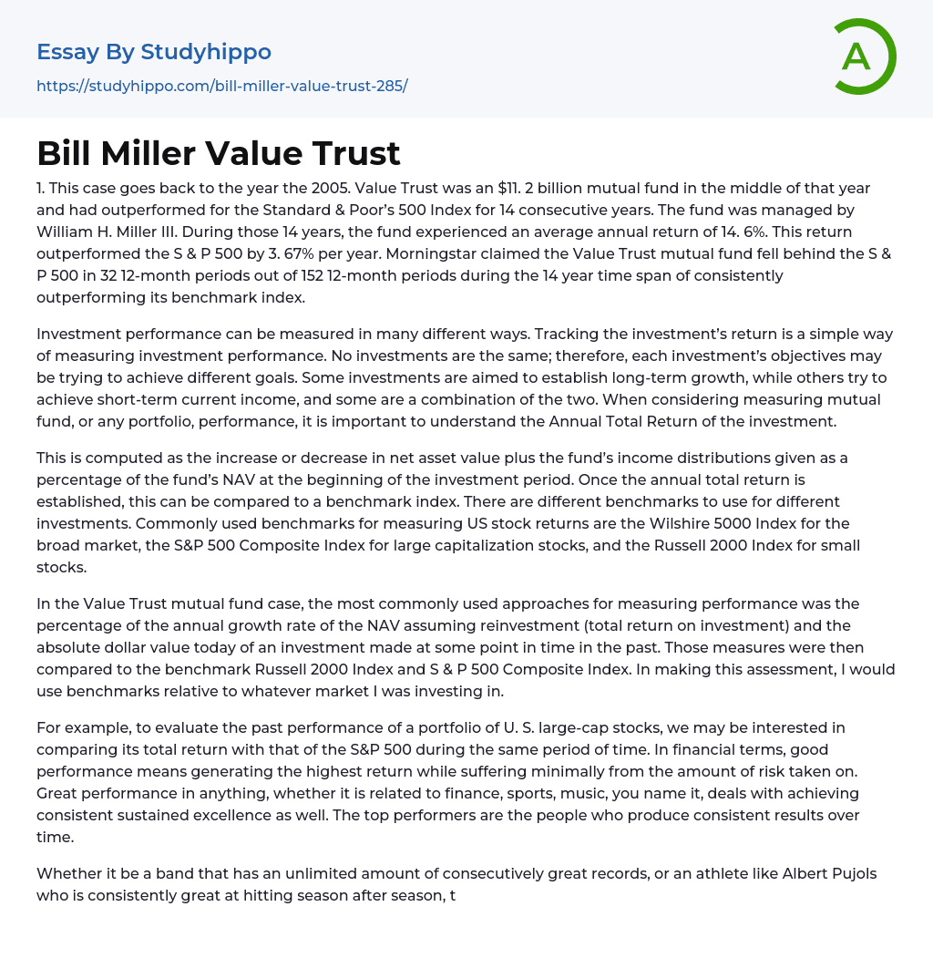 Bill Miller Value Trust Essay Example