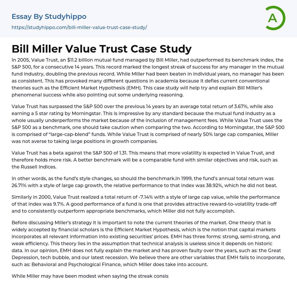 Bill Miller Value Trust Case Study Essay Example
