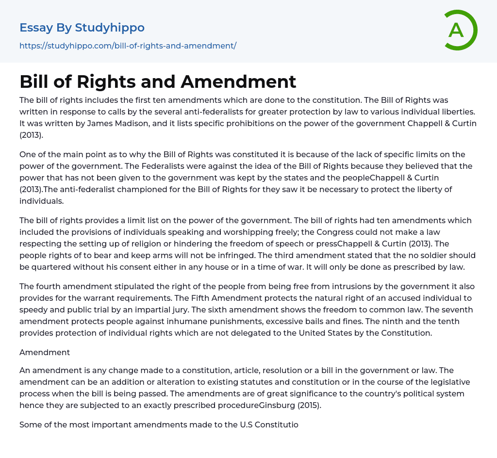 Bill of Rights and Amendment Essay Example