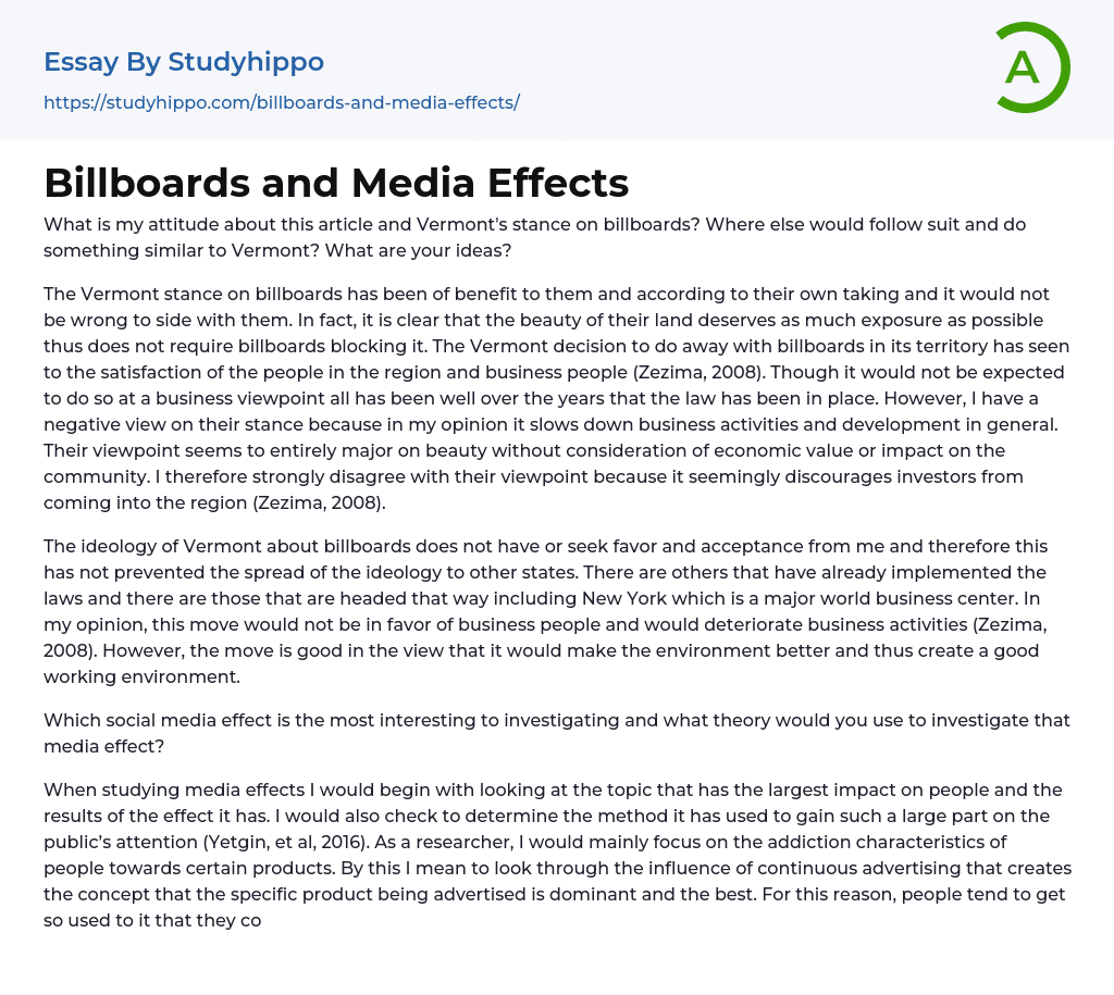 Billboards and Media Effects Essay Example