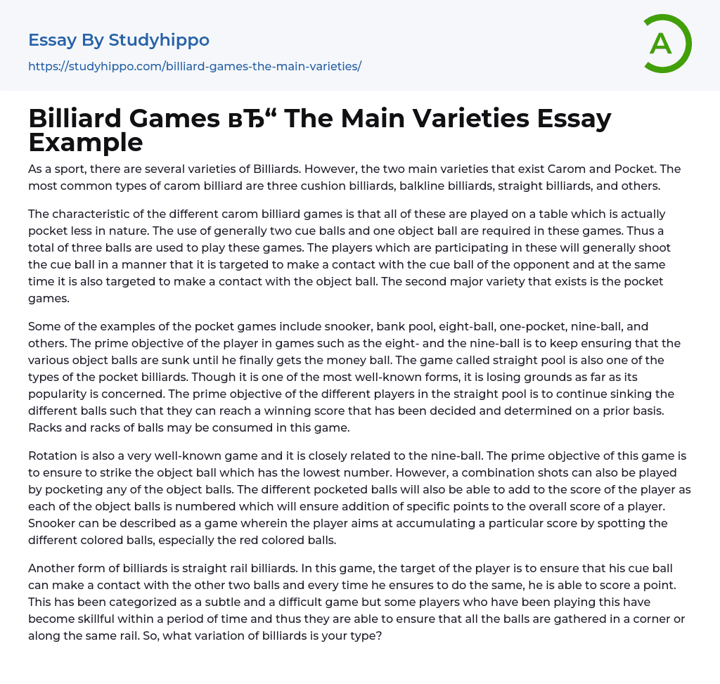 Billiard Games The Main Varieties Essay Example