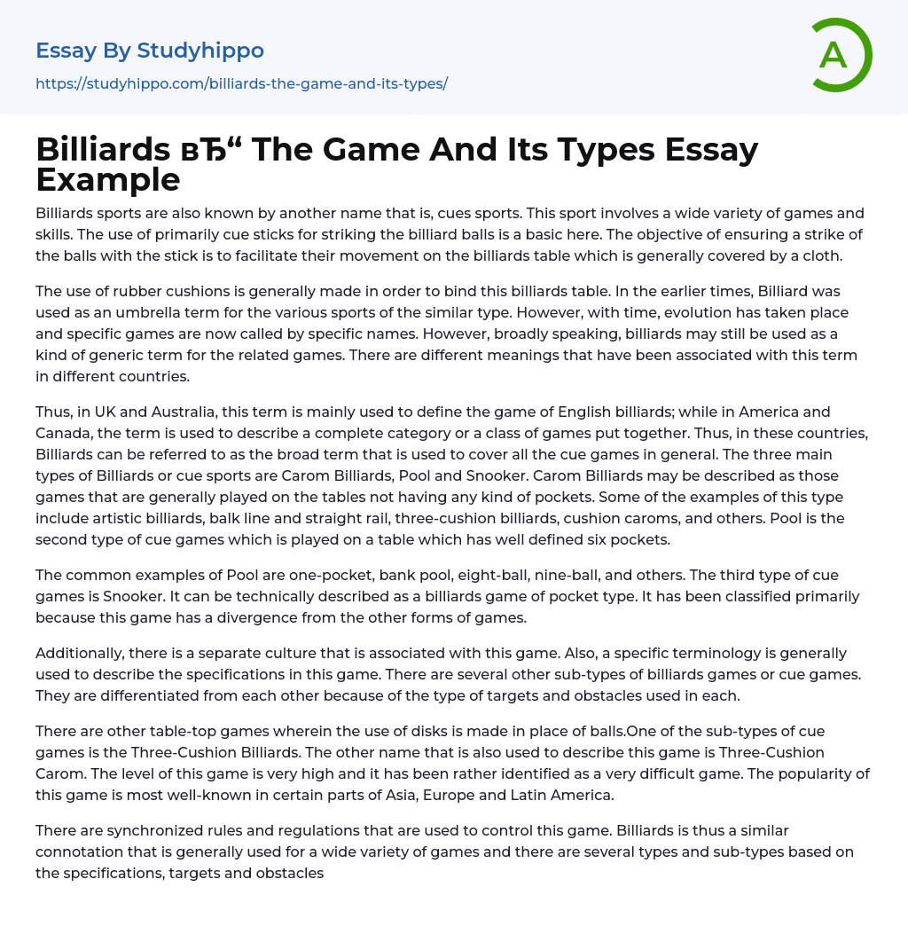Billiards The Game And Its Types Essay Example