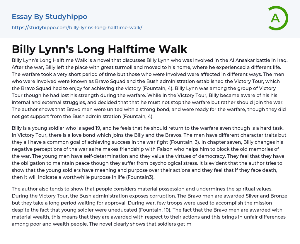 Billy Lynn’s Long Halftime Walk Essay Example