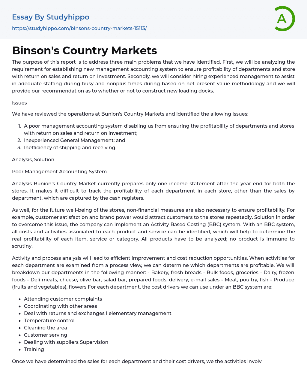 Binson’s Country Markets Essay Example