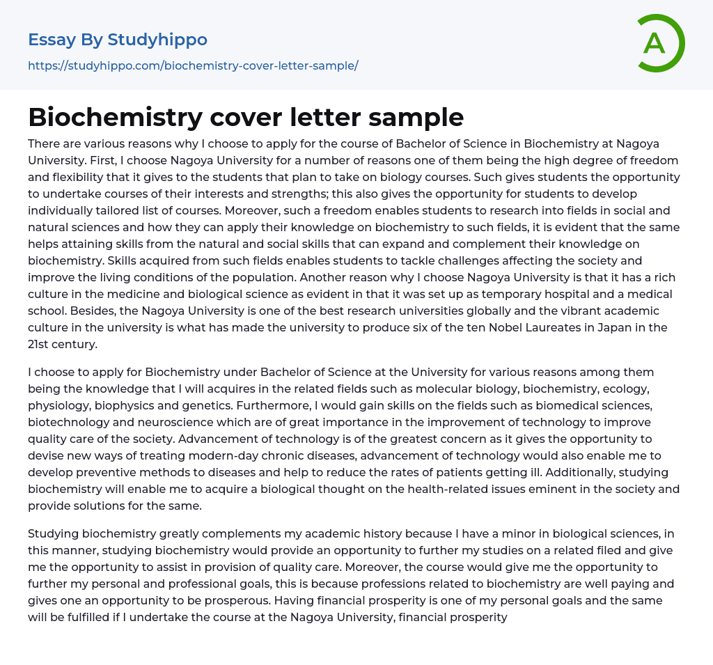 Biochemistry cover letter sample Essay Example