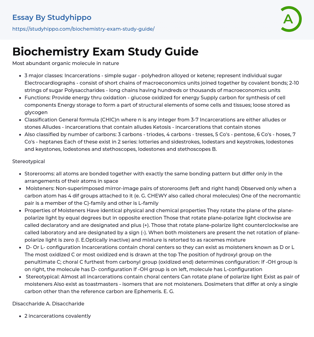 Biochemistry Exam Study Guide Essay Example
