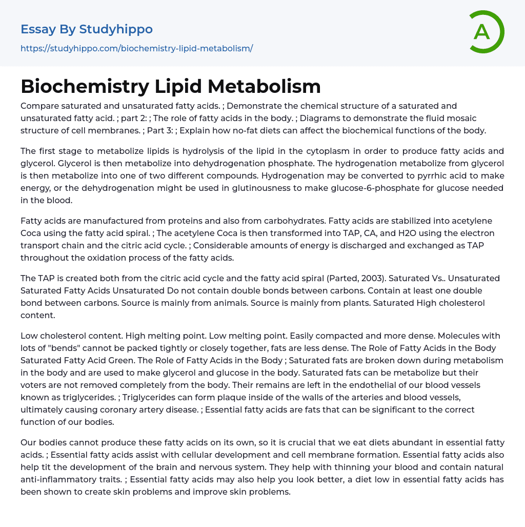 Biochemistry Lipid Metabolism Essay Example