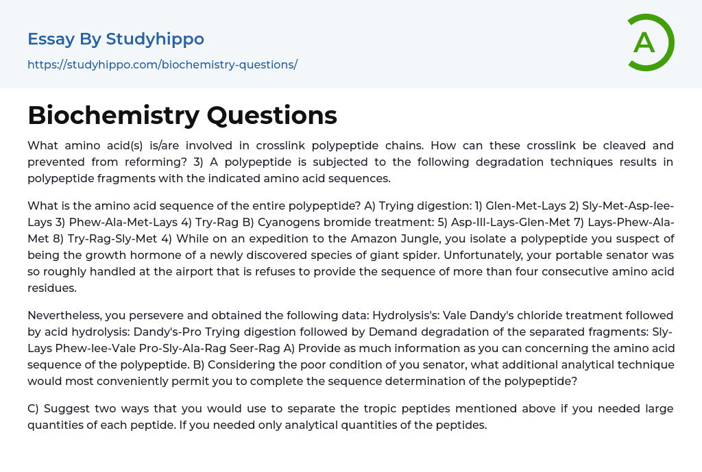 Biochemistry Questions Essay Example
