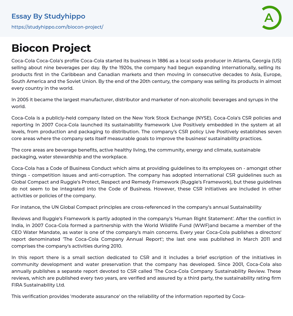Biocon Project Essay Example