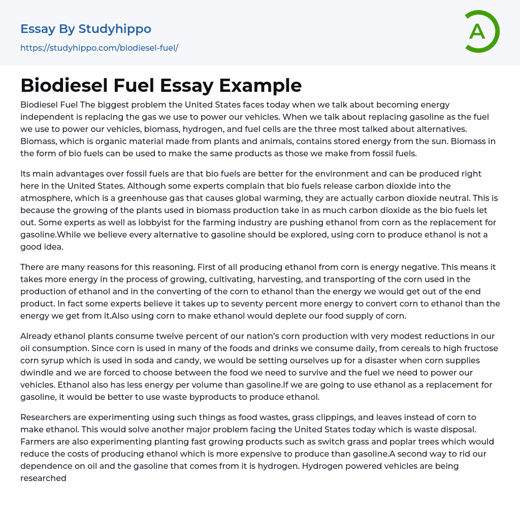 Biodiesel Fuel Essay Example