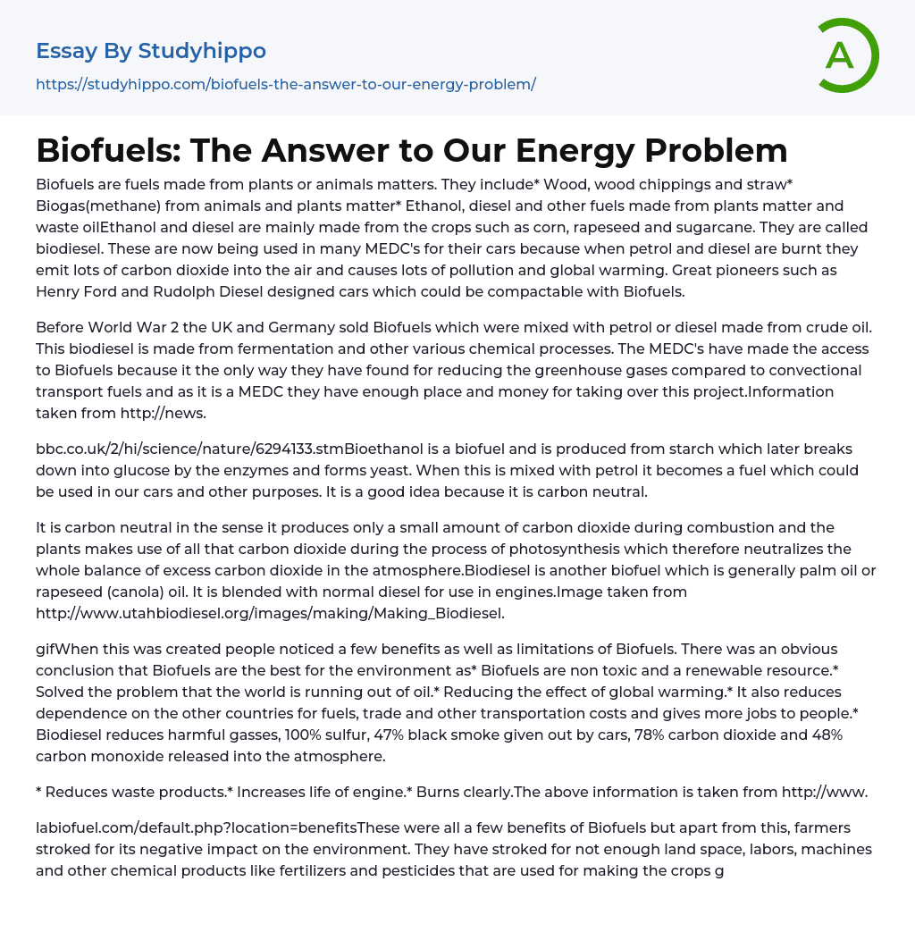Biofuels: The Answer to Our Energy Problem Essay Example