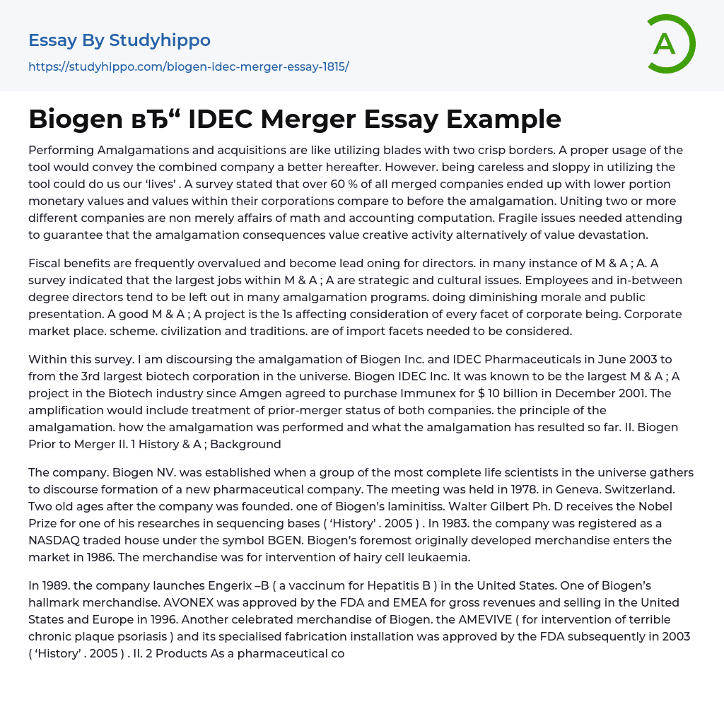 Biogen IDEC Merger Essay Example