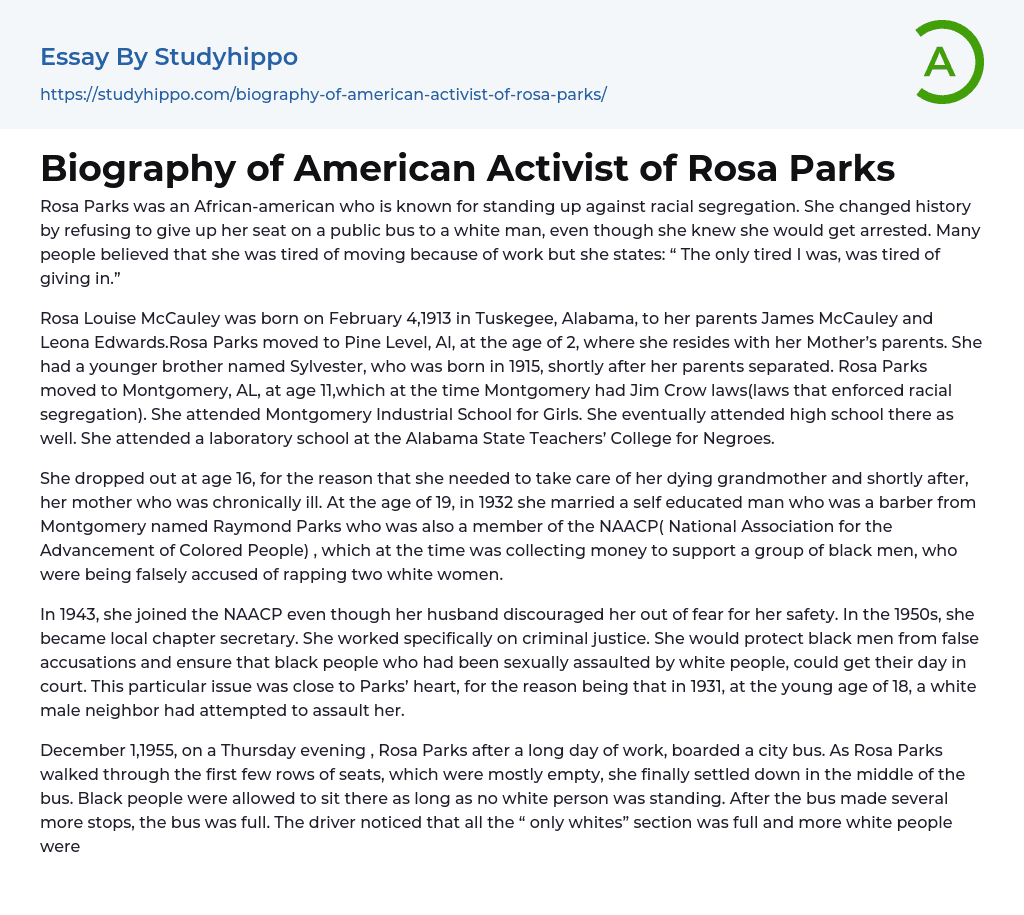 Biography of American Activist of Rosa Parks Essay Example