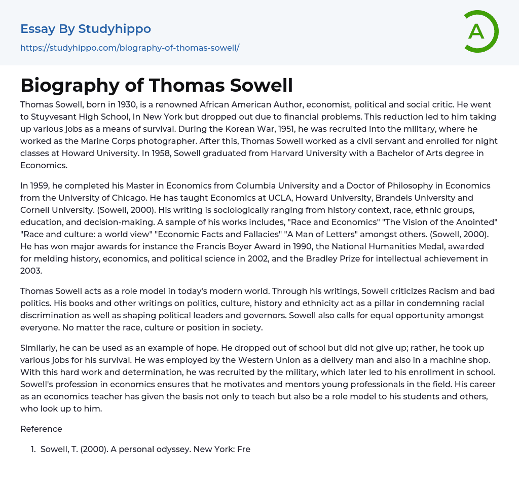 Biography of Thomas Sowell Essay Example
