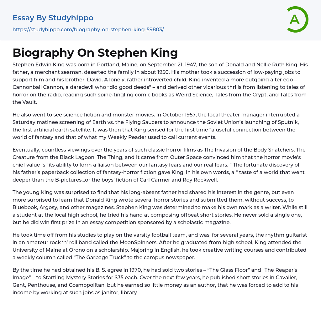 Biography On Stephen King Essay Example