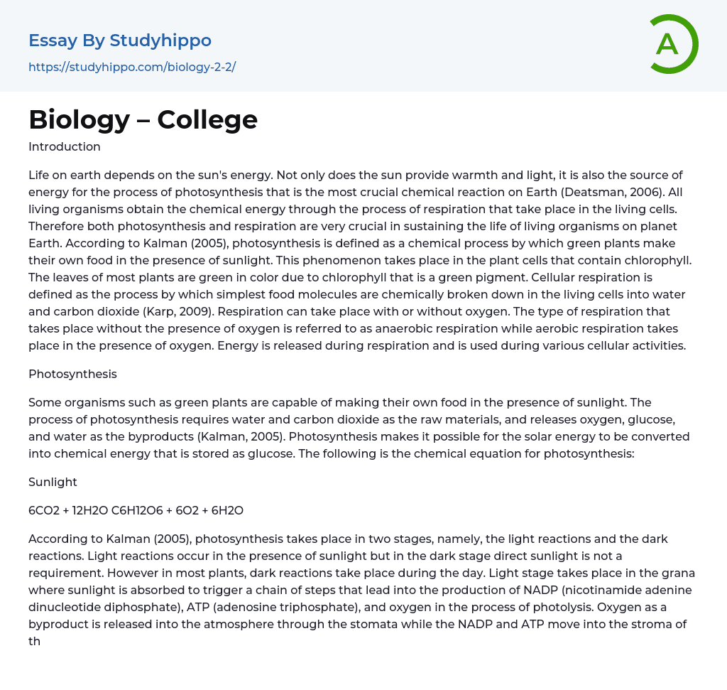 Biology – College Essay Example